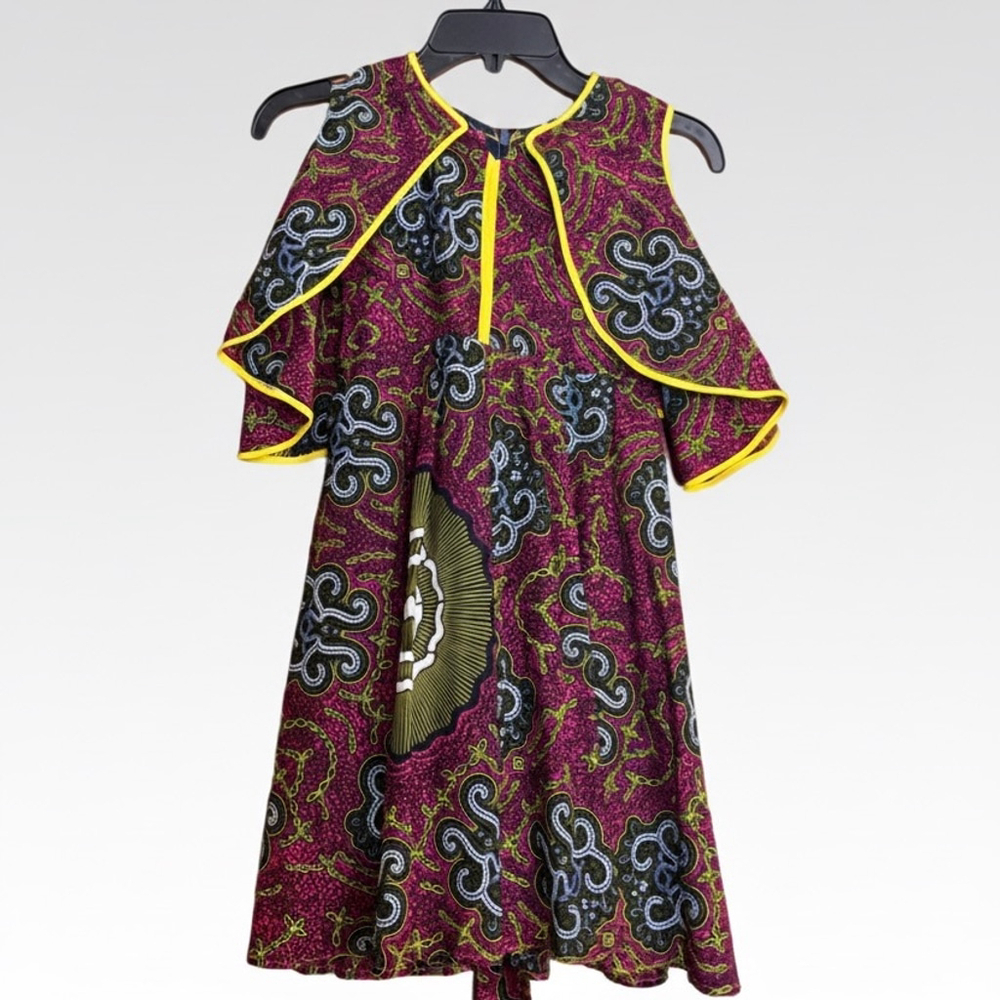 Handmade African Ankara Wax Print Girls Dress Cold Shoulder Size 7 (Measured)